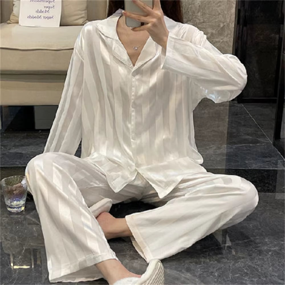 Elevate Your Comfort: Women's Striped Silk Satin Pajama Set with Long Sleeve Top and Trousers for Cozy Nights