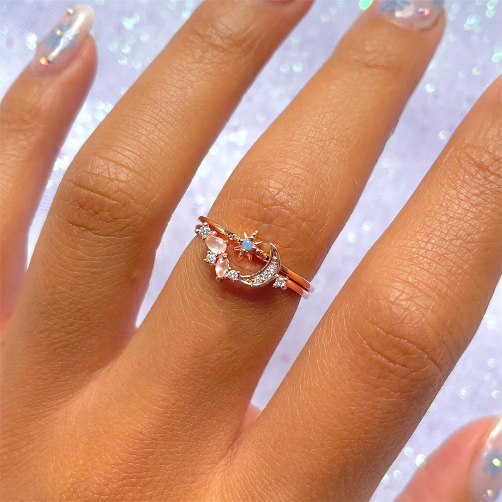 Elevate Your Style with the New Ins Copper Plated 18K Moon Ring - A Vintage-Inspired Adjustable Ring Set for Women and Girls