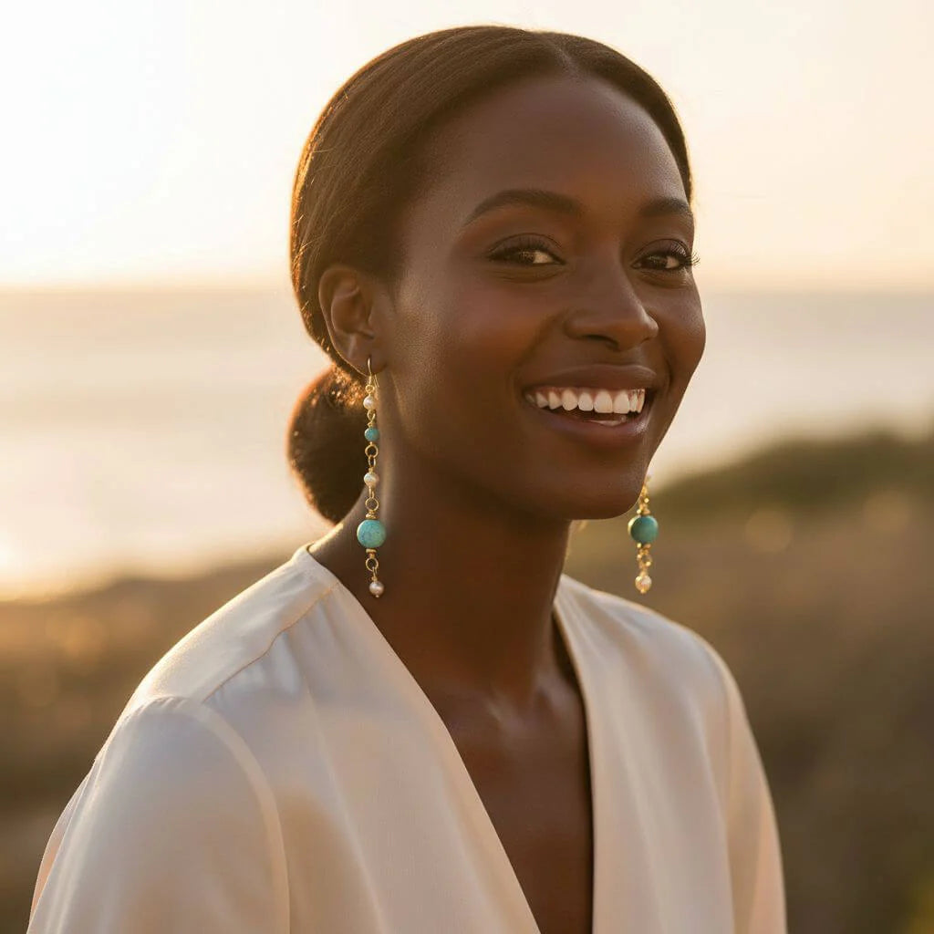 Stunning Long 14K Gold Filled Turquoise and Pearl Earrings for Effortless Elegance