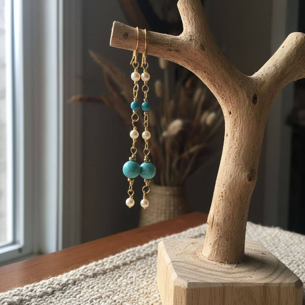 Stunning Long 14K Gold Filled Turquoise and Pearl Earrings for Effortless Elegance