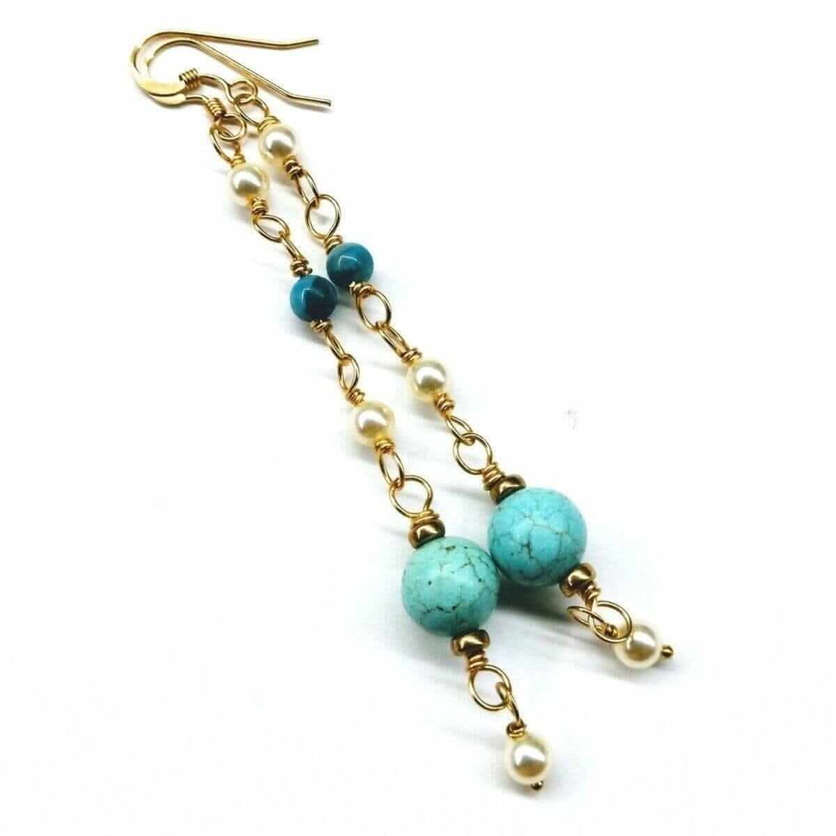 Stunning Long 14K Gold Filled Turquoise and Pearl Earrings for Effortless Elegance