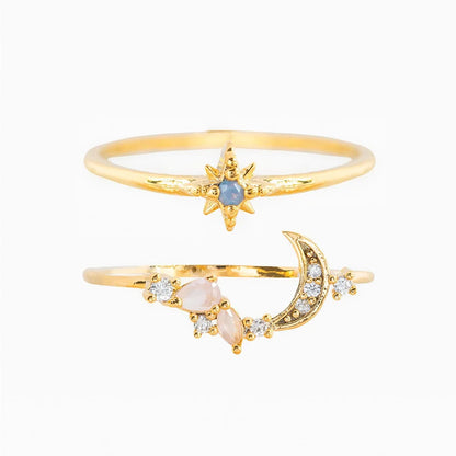 Elevate Your Style with the New Ins Copper Plated 18K Moon Ring - A Vintage-Inspired Adjustable Ring Set for Women and Girls