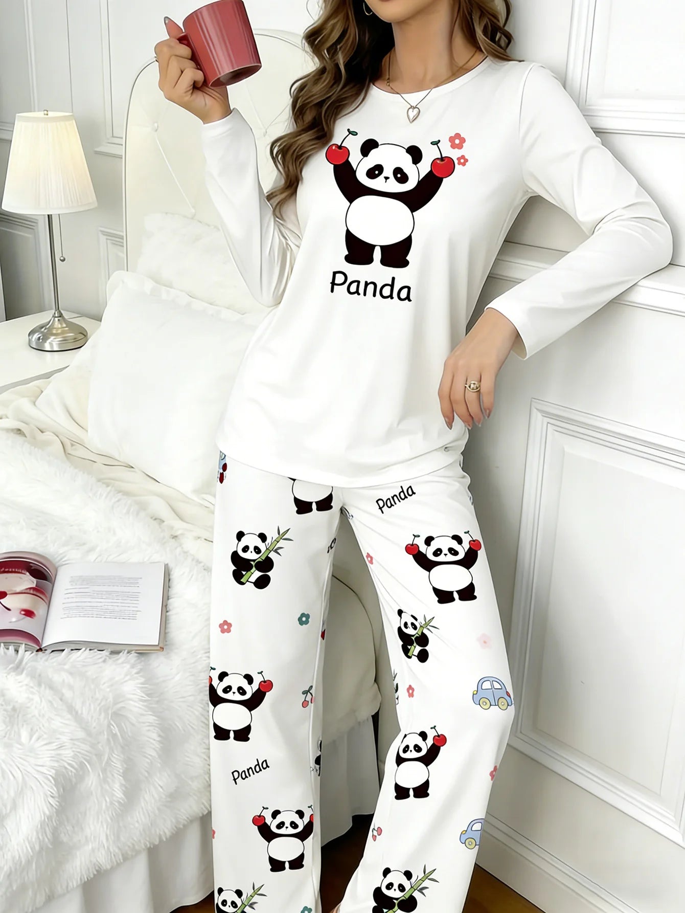 Cozy Up in Our Adorable Women's Long-Sleeve Panda Pajama Set - Perfect for Autumn & Winter Comfort!