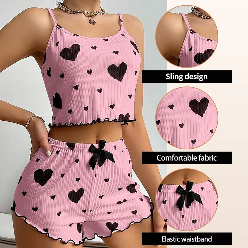 Elevate Your Comfort: Women's 2-Piece Short Tank Top and Shorts Pajama Set in White with Love Print