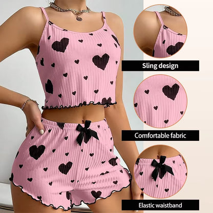 Elevate Your Comfort: Women's 2-Piece Short Tank Top and Shorts Pajama Set in White with Love Print