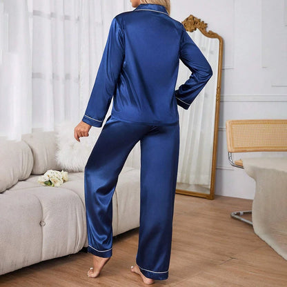Elevate Your Comfort with Our Women's Satin Pajama Set - Long Sleeve Lapel Top and Elastic Pants for Cozy Nights