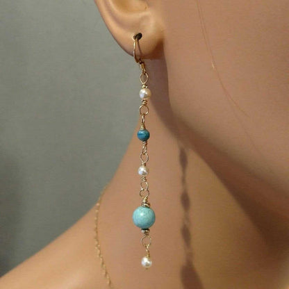 Stunning Long 14K Gold Filled Turquoise and Pearl Earrings for Effortless Elegance