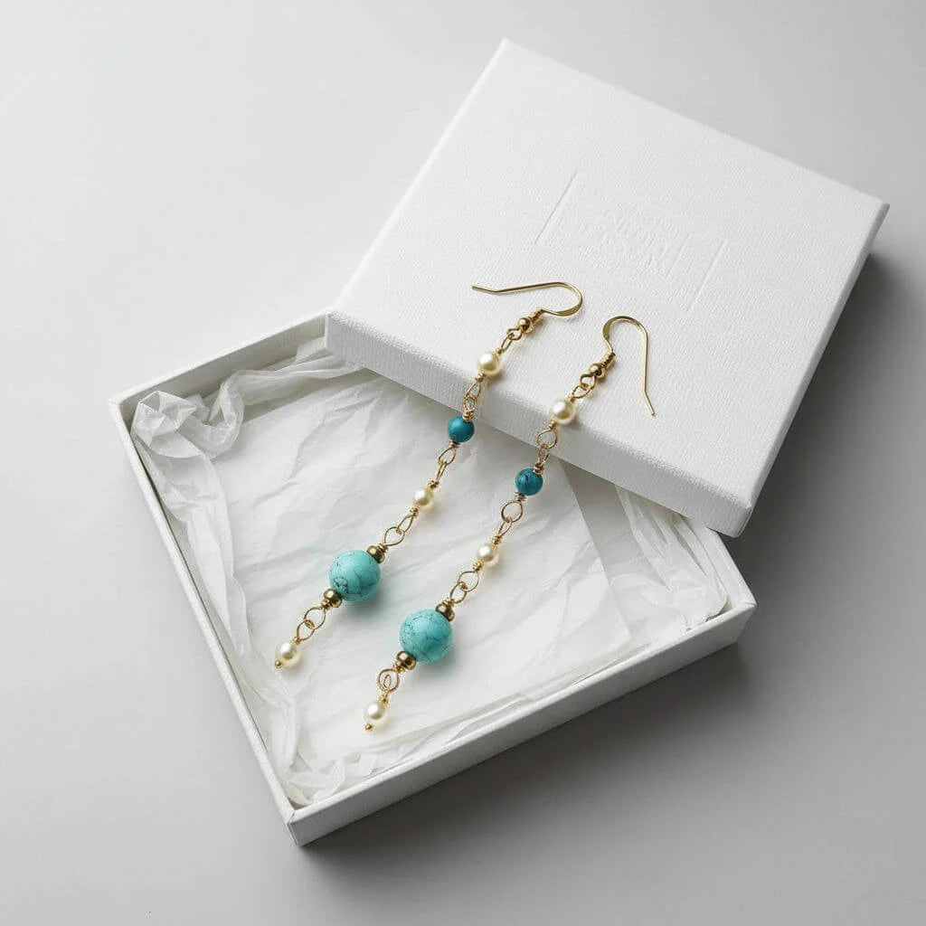 Stunning Long 14K Gold Filled Turquoise and Pearl Earrings for Effortless Elegance