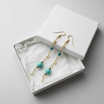 Stunning Long 14K Gold Filled Turquoise and Pearl Earrings for Effortless Elegance