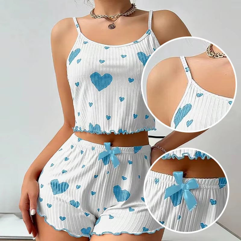 Elevate Your Comfort: Women's 2-Piece Short Tank Top and Shorts Pajama Set in White with Love Print