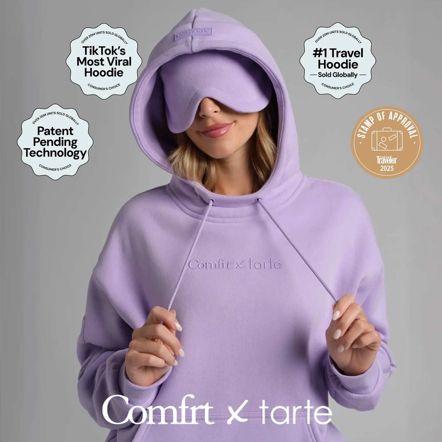 Experience Ultimate Comfort: Limited Edition Comfrt X Tarte Hoodie with Built-In Eye Mask