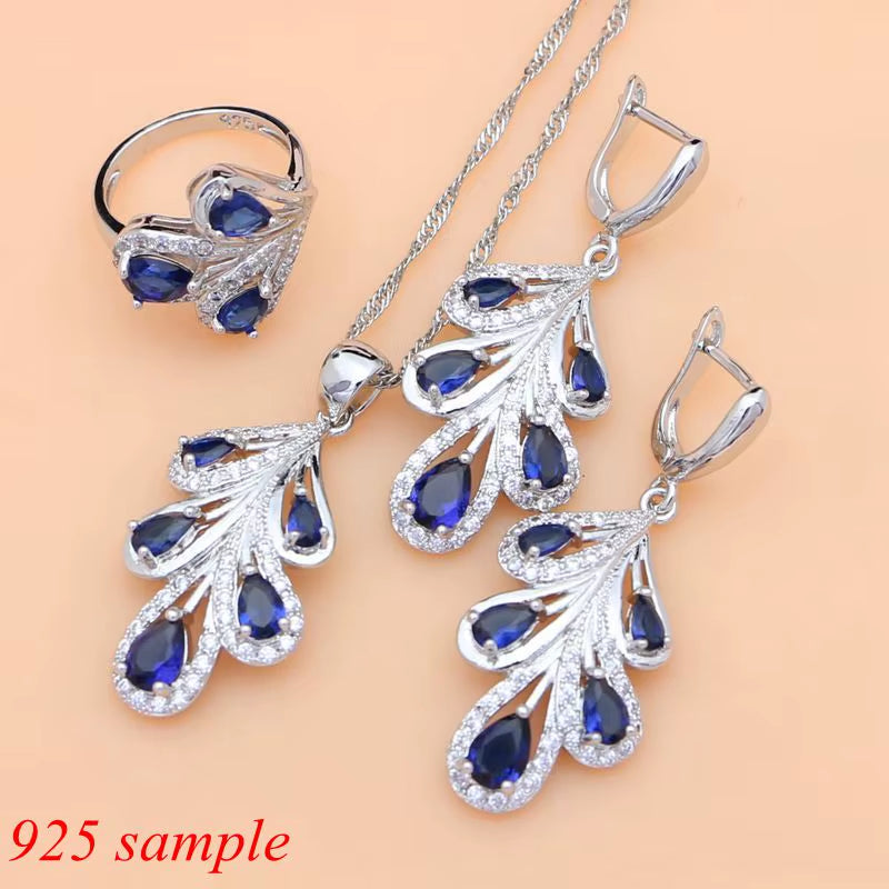 Exquisite 925 Sterling Silver Jewelry Set with Blue Sapphire and White Crystal - Elegant Bridal Collection for Women