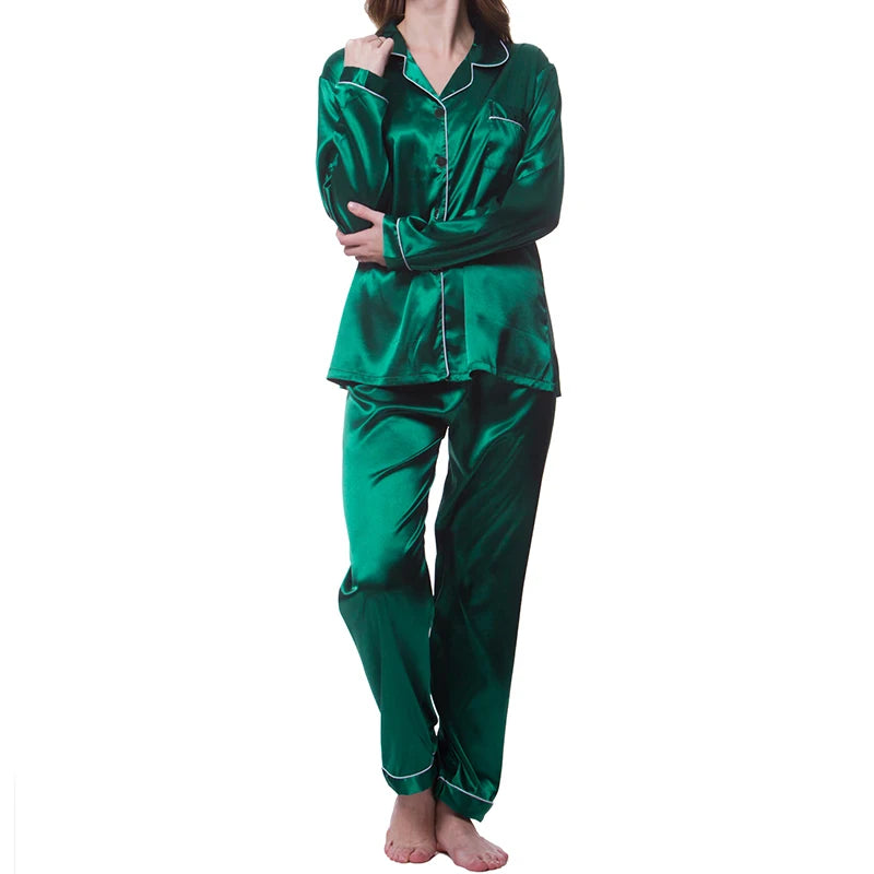 Elevate Your Comfort with Our Women's Satin Pajama Set - Long Sleeve Lapel Top and Elastic Pants for Cozy Nights