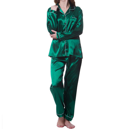 Elevate Your Comfort with Our Women's Satin Pajama Set - Long Sleeve Lapel Top and Elastic Pants for Cozy Nights