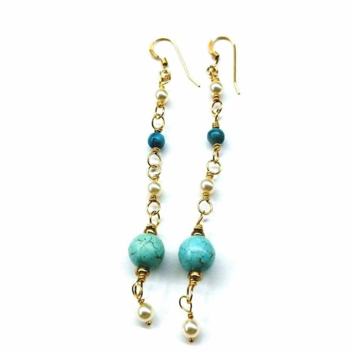 Stunning Long 14K Gold Filled Turquoise and Pearl Earrings for Effortless Elegance