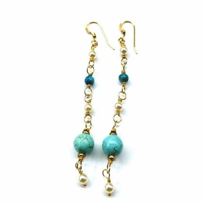 Stunning Long 14K Gold Filled Turquoise and Pearl Earrings for Effortless Elegance