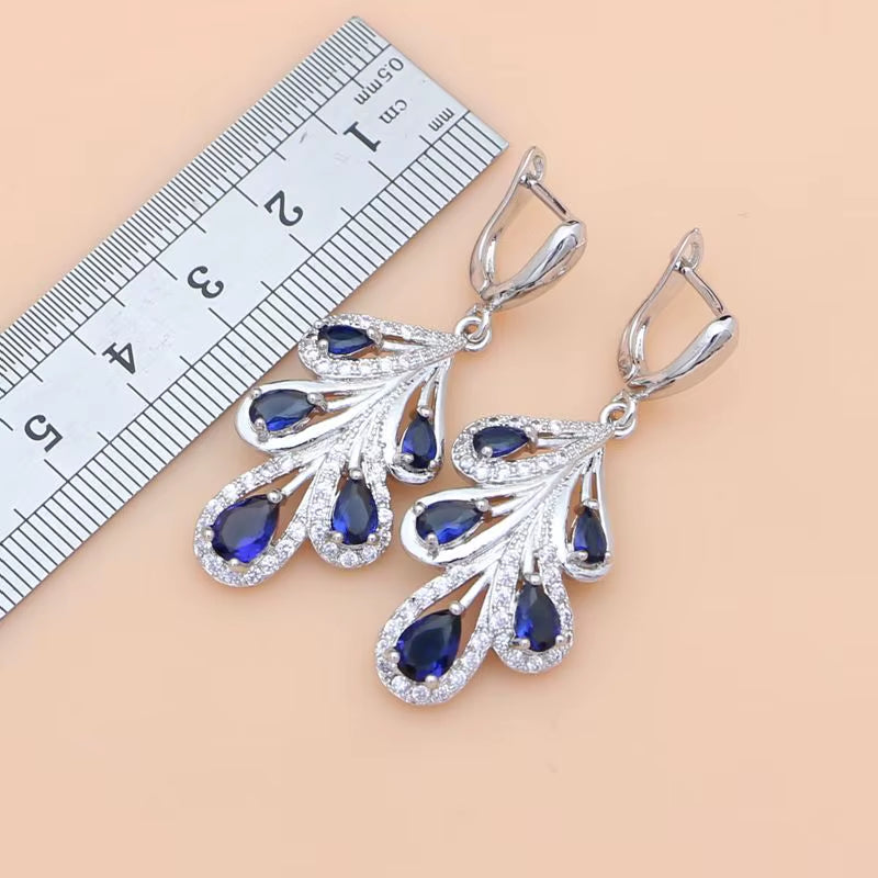 Exquisite 925 Sterling Silver Jewelry Set with Blue Sapphire and White Crystal - Elegant Bridal Collection for Women
