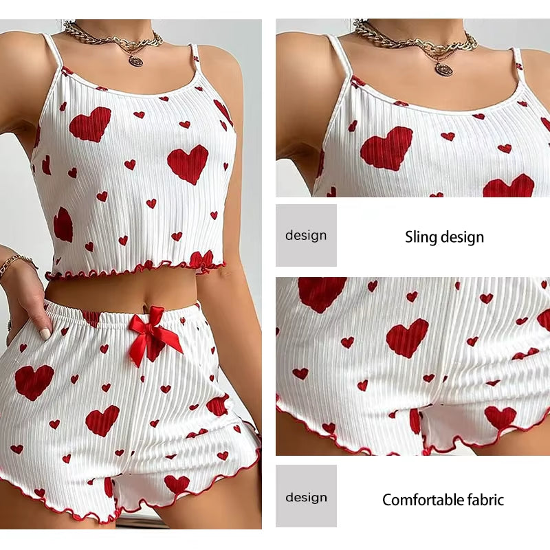 Elevate Your Comfort: Women's 2-Piece Short Tank Top and Shorts Pajama Set in White with Love Print