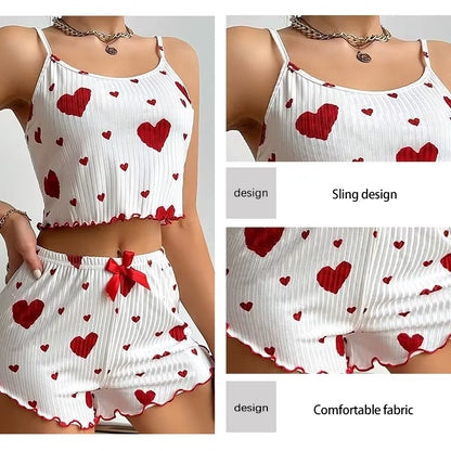 Elevate Your Comfort: Women's 2-Piece Short Tank Top and Shorts Pajama Set in White with Love Print
