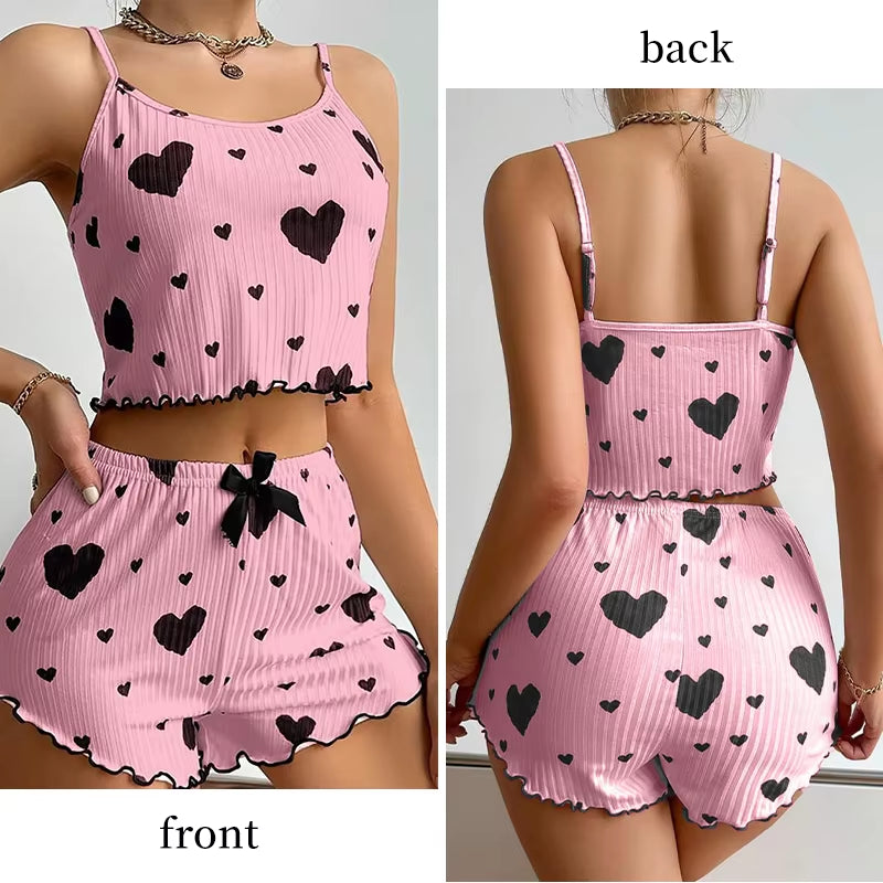 Elevate Your Comfort: Women's 2-Piece Short Tank Top and Shorts Pajama Set in White with Love Print