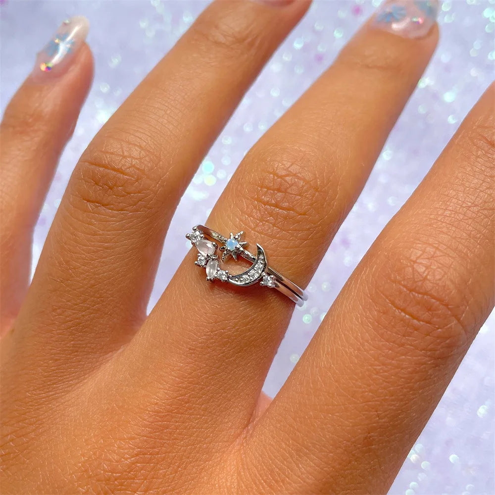 Elevate Your Style with the New Ins Copper Plated 18K Moon Ring - A Vintage-Inspired Adjustable Ring Set for Women and Girls