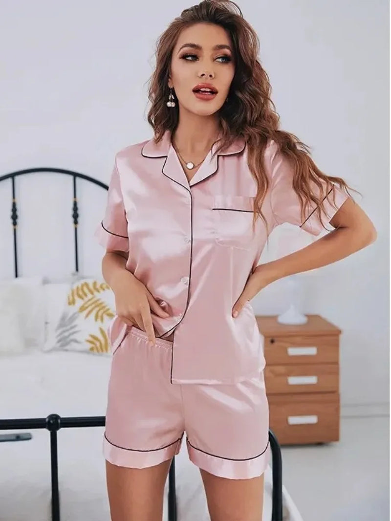 Indulge in Luxury with Our Summer Silk Satin Pajamas Set for Women - Short Sleeve Button-Down Top and Shorts Loungewear