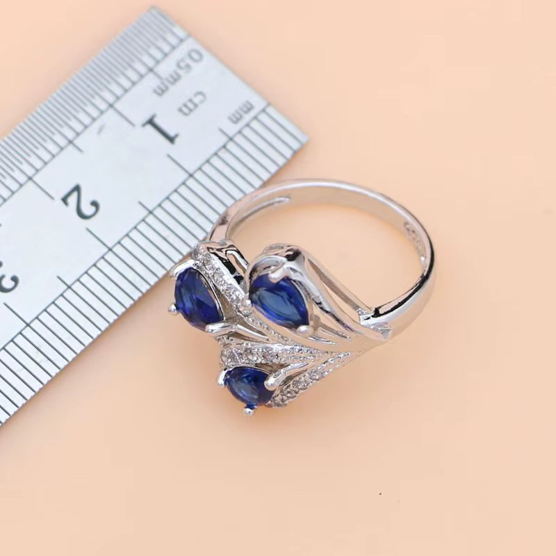 Exquisite 925 Sterling Silver Jewelry Set with Blue Sapphire and White Crystal - Elegant Bridal Collection for Women