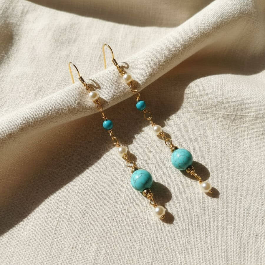 Stunning Long 14K Gold Filled Turquoise and Pearl Earrings for Effortless Elegance