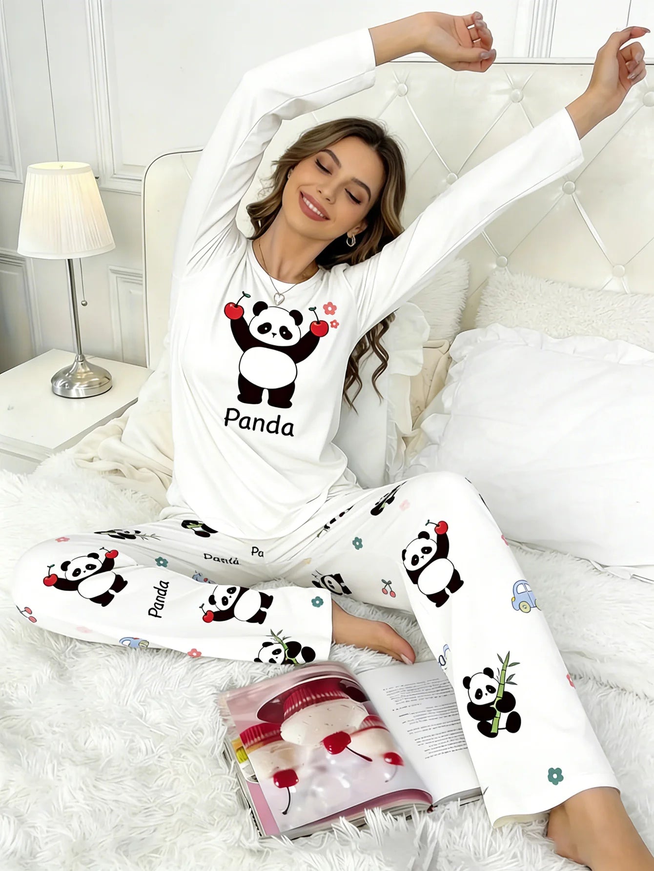 Cozy Up in Our Adorable Women's Long-Sleeve Panda Pajama Set - Perfect for Autumn & Winter Comfort!