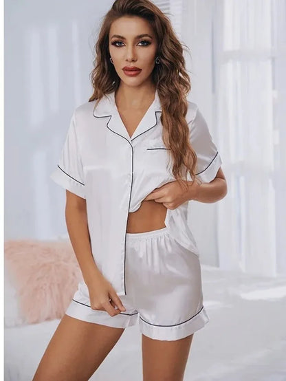 Indulge in Luxury with Our Summer Silk Satin Pajamas Set for Women - Short Sleeve Button-Down Top and Shorts Loungewear
