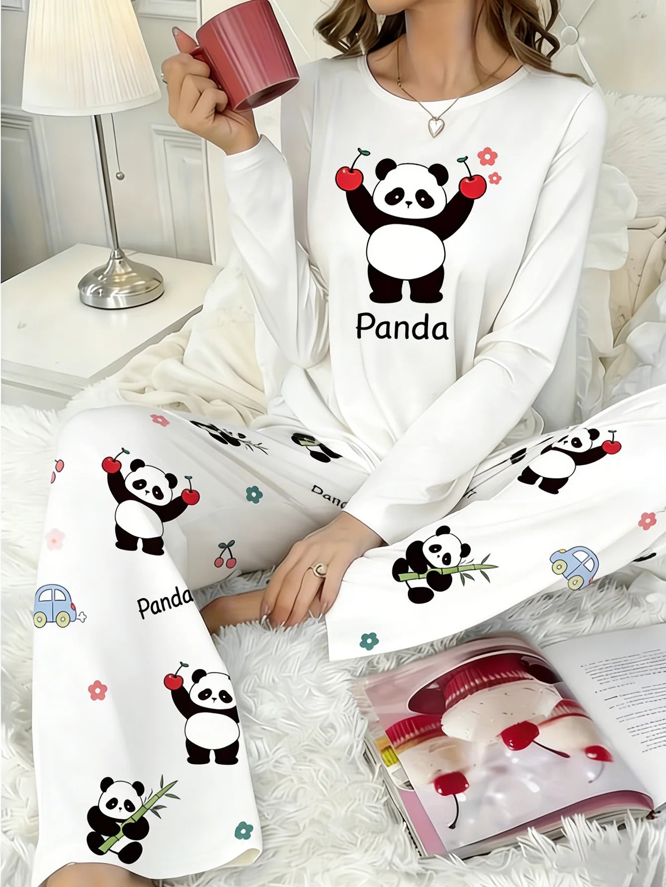 Cozy Up in Our Adorable Women's Long-Sleeve Panda Pajama Set - Perfect for Autumn & Winter Comfort!