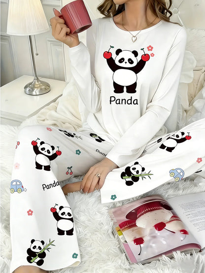 Cozy Up in Our Adorable Women's Long-Sleeve Panda Pajama Set - Perfect for Autumn & Winter Comfort!