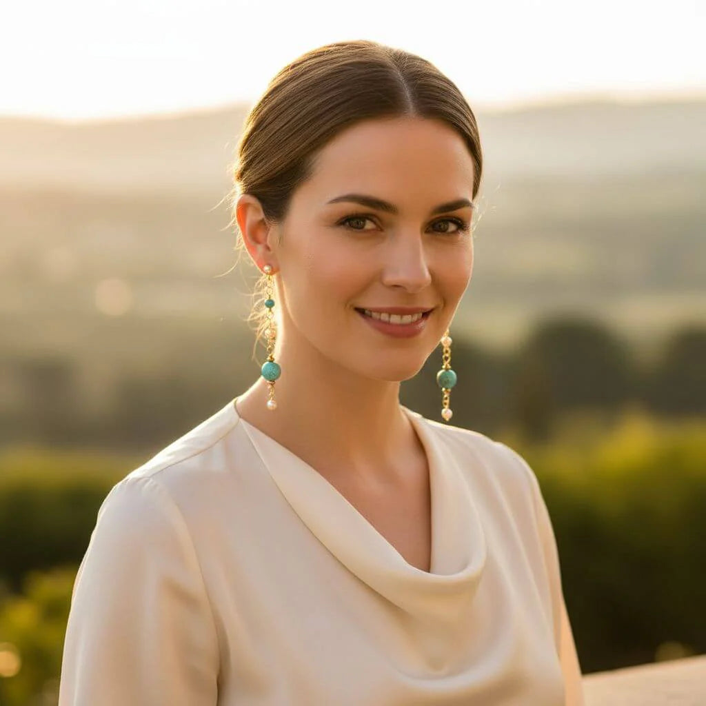 Stunning Long 14K Gold Filled Turquoise and Pearl Earrings for Effortless Elegance