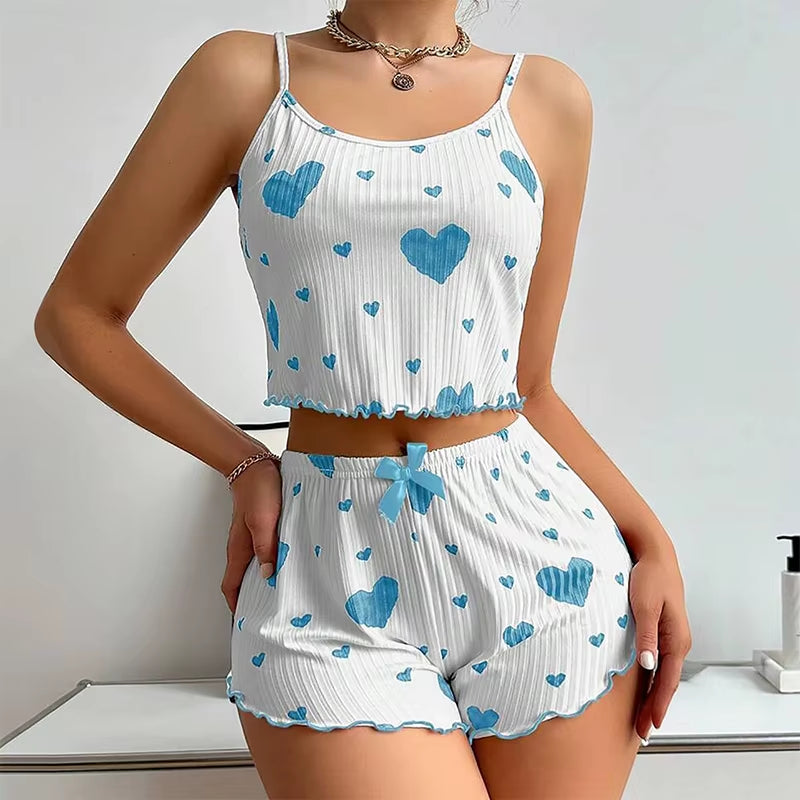 Elevate Your Comfort: Women's 2-Piece Short Tank Top and Shorts Pajama Set in White with Love Print