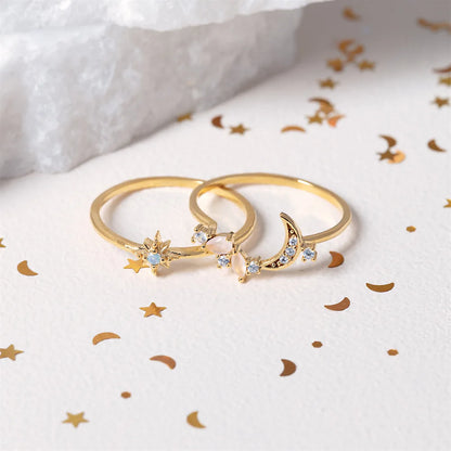 Elevate Your Style with the New Ins Copper Plated 18K Moon Ring - A Vintage-Inspired Adjustable Ring Set for Women and Girls