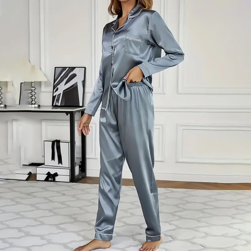 Elevate Your Comfort with Our Women's Satin Pajama Set - Long Sleeve Lapel Top and Elastic Pants for Cozy Nights