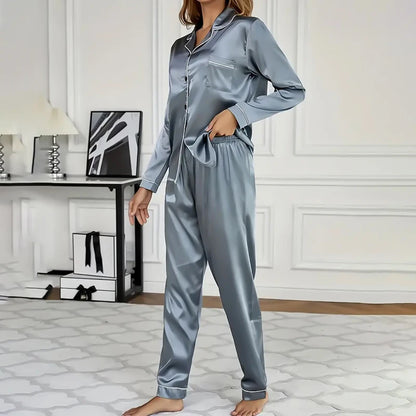 Elevate Your Comfort with Our Women's Satin Pajama Set - Long Sleeve Lapel Top and Elastic Pants for Cozy Nights