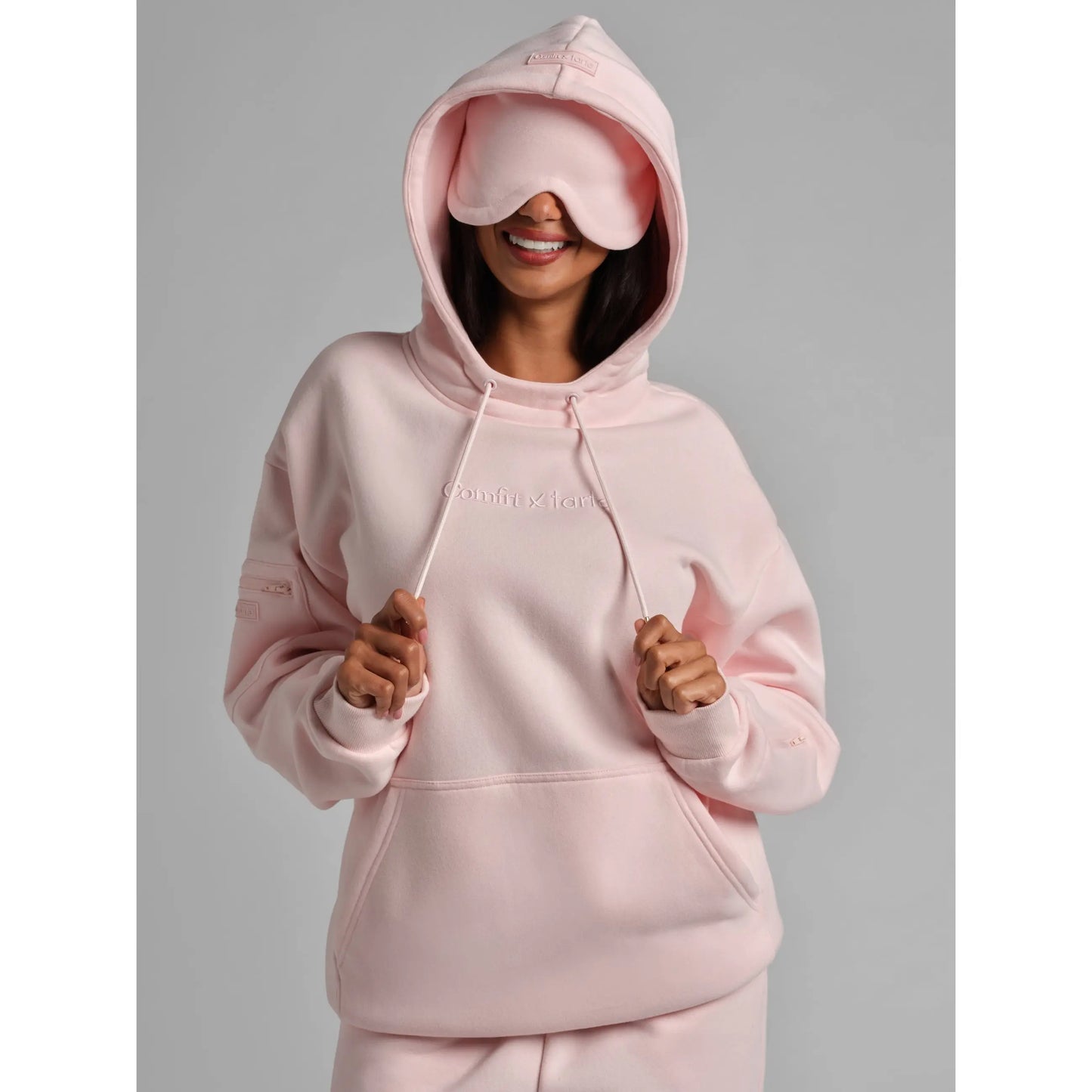 Experience Ultimate Comfort: Limited Edition Comfrt X Tarte Hoodie with Built-In Eye Mask