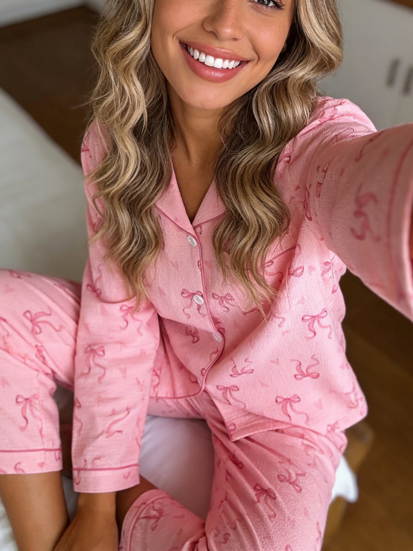 Charming Women's Pajamas Set with Notch Lapel and Cute Bow Heart Print – Perfect for All Seasons!