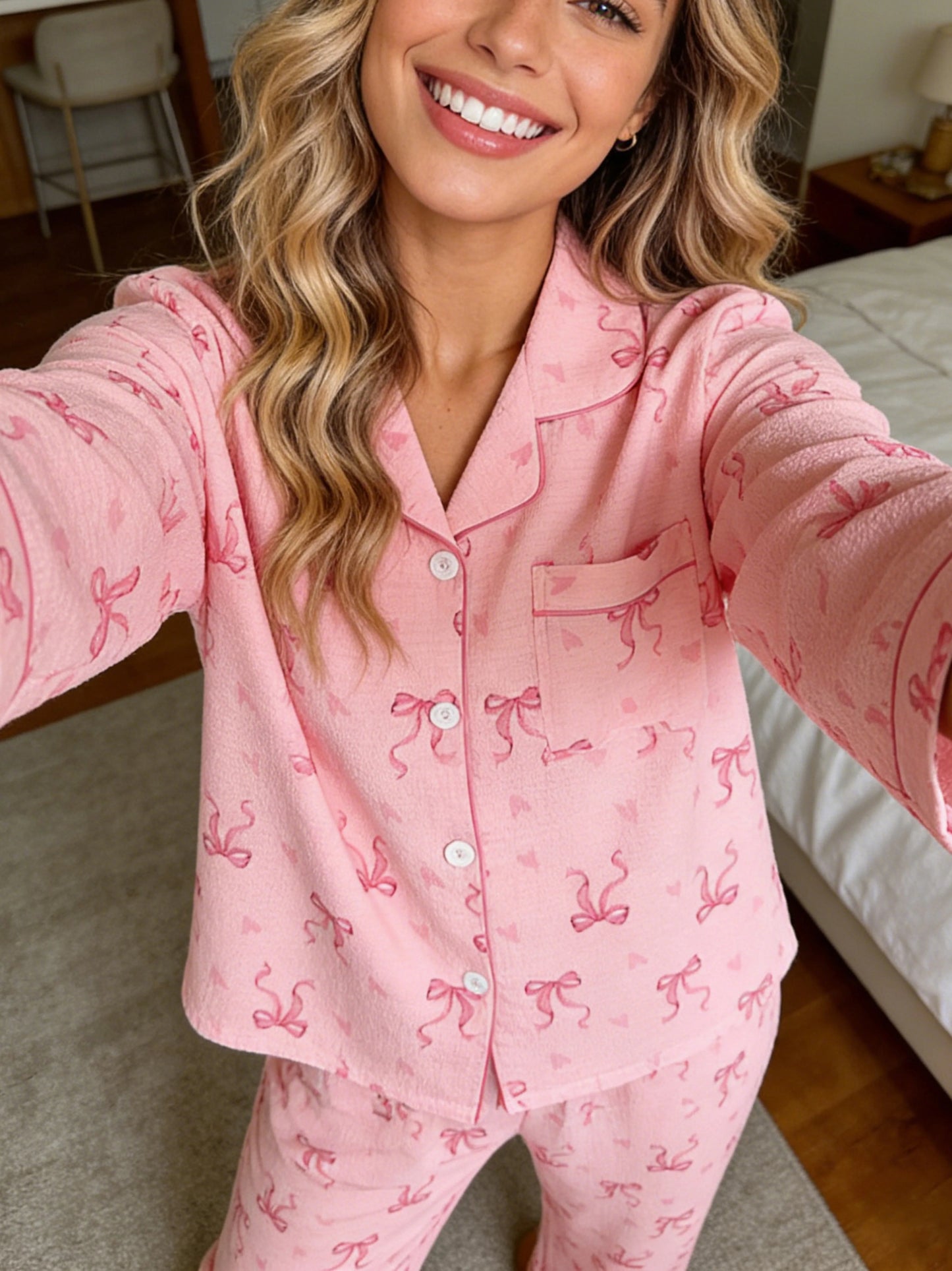 Charming Women's Pajamas Set with Notch Lapel and Cute Bow Heart Print – Perfect for All Seasons!