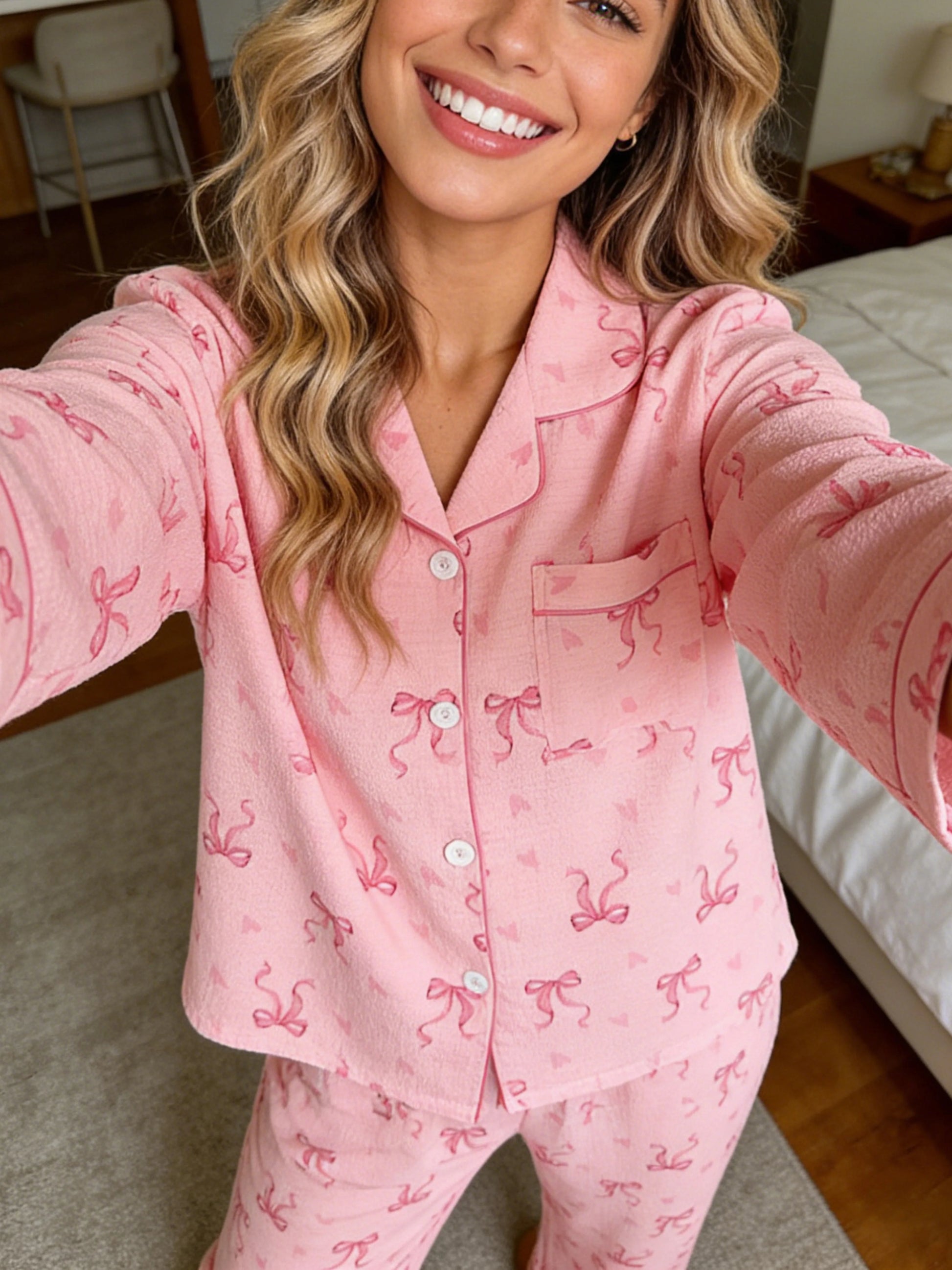 Charming Women's Pajamas Set with Notch Lapel and Cute Bow Heart Print – Perfect for All Seasons!