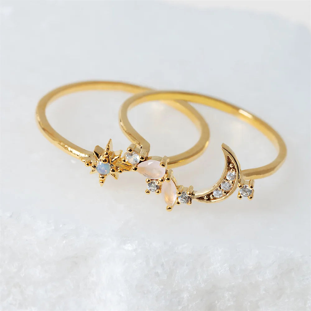 Elevate Your Style with the New Ins Copper Plated 18K Moon Ring - A Vintage-Inspired Adjustable Ring Set for Women and Girls