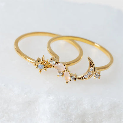 Elevate Your Style with the New Ins Copper Plated 18K Moon Ring - A Vintage-Inspired Adjustable Ring Set for Women and Girls