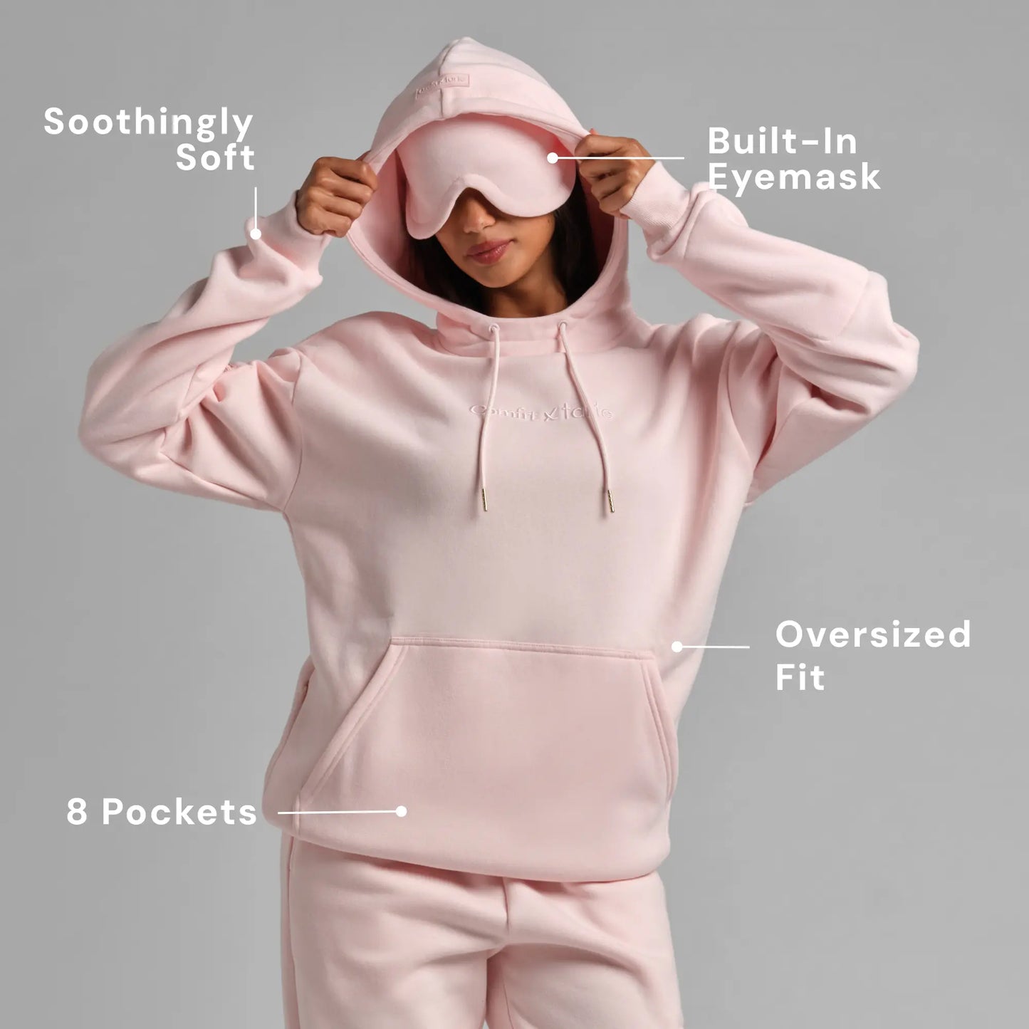 Experience Ultimate Comfort: Limited Edition Comfrt X Tarte Hoodie with Built-In Eye Mask