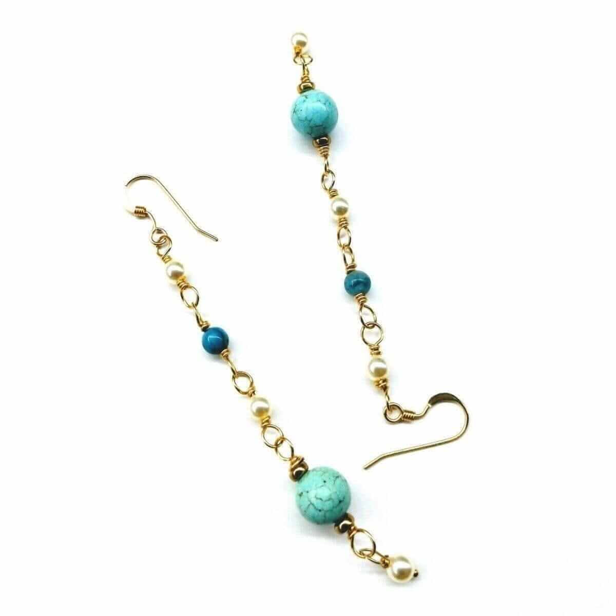 Stunning Long 14K Gold Filled Turquoise and Pearl Earrings for Effortless Elegance