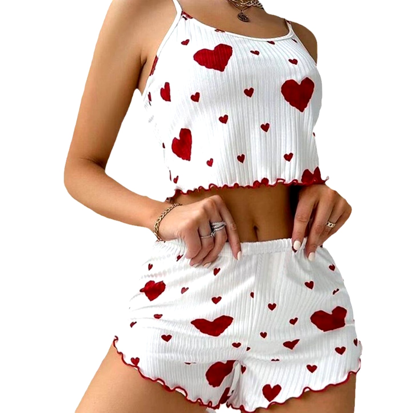 Elevate Your Comfort: Women's 2-Piece Short Tank Top and Shorts Pajama Set in White with Love Print