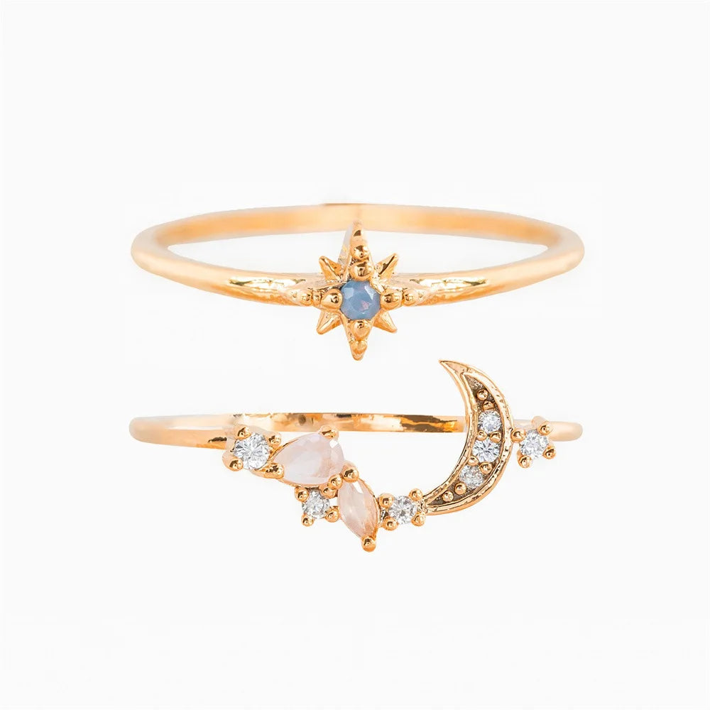 Elevate Your Style with the New Ins Copper Plated 18K Moon Ring - A Vintage-Inspired Adjustable Ring Set for Women and Girls