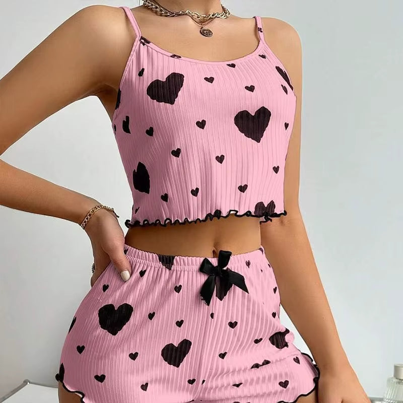 Elevate Your Comfort: Women's 2-Piece Short Tank Top and Shorts Pajama Set in White with Love Print