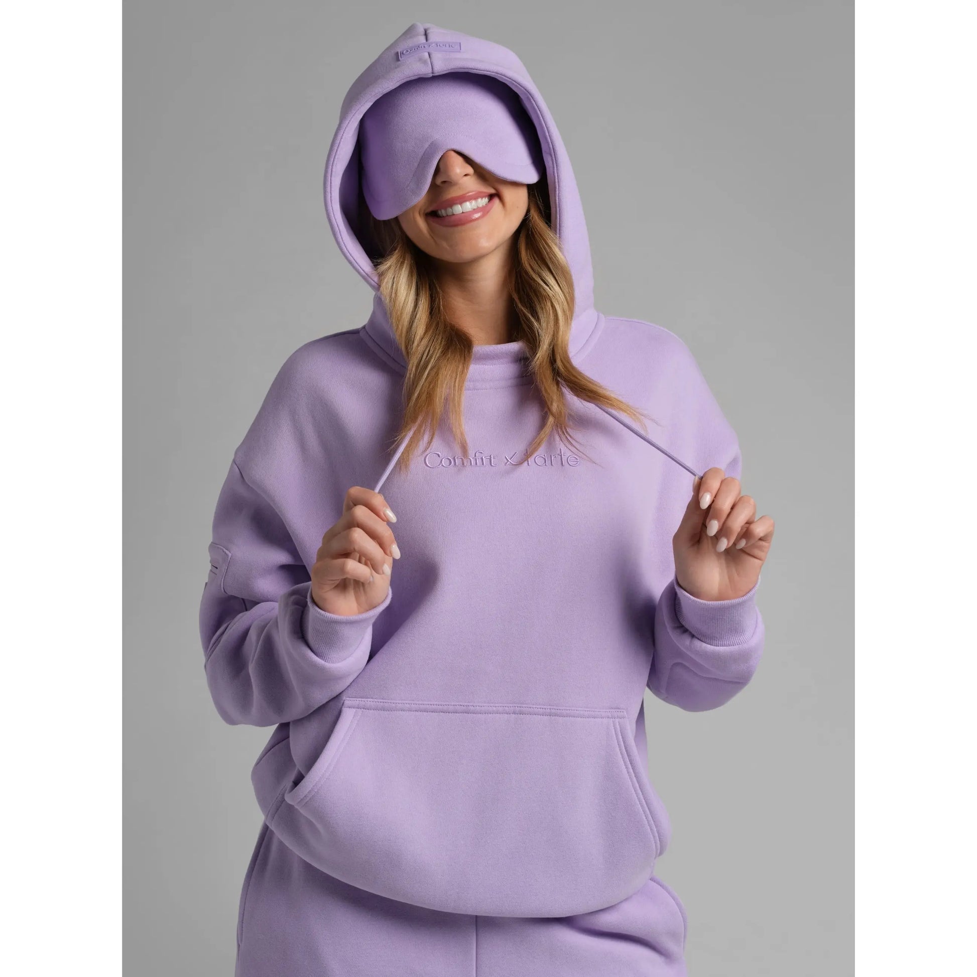 Experience Ultimate Comfort: Limited Edition Comfrt X Tarte Hoodie with Built-In Eye Mask