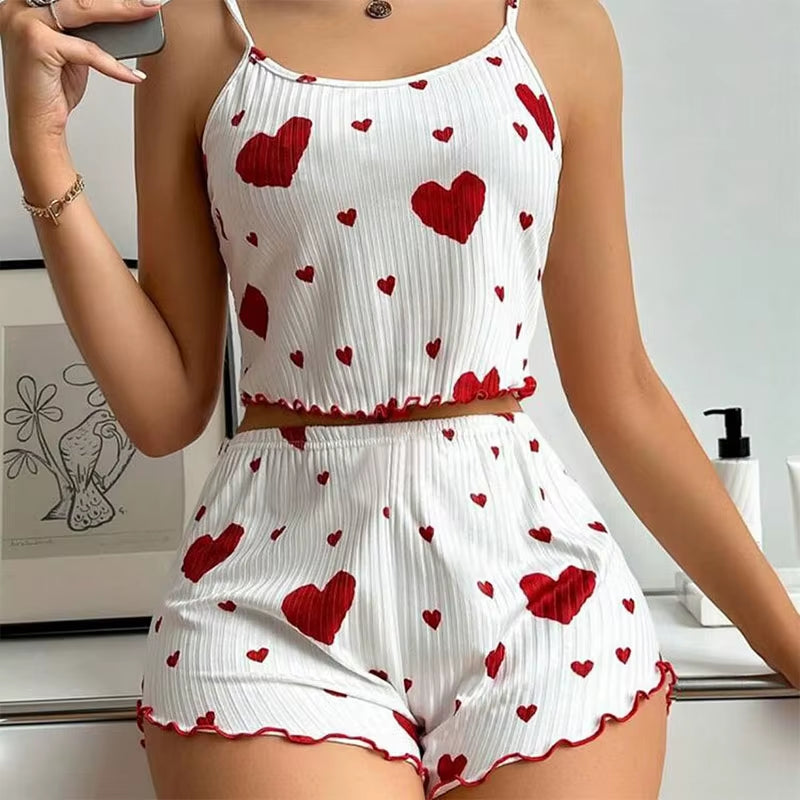 Elevate Your Comfort: Women's 2-Piece Short Tank Top and Shorts Pajama Set in White with Love Print